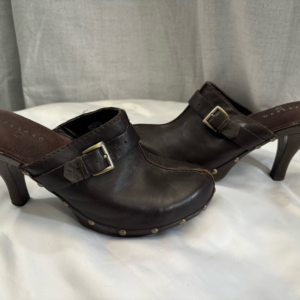 Women’s Pesaro Dark Brown Leather Buckle Mule Heels